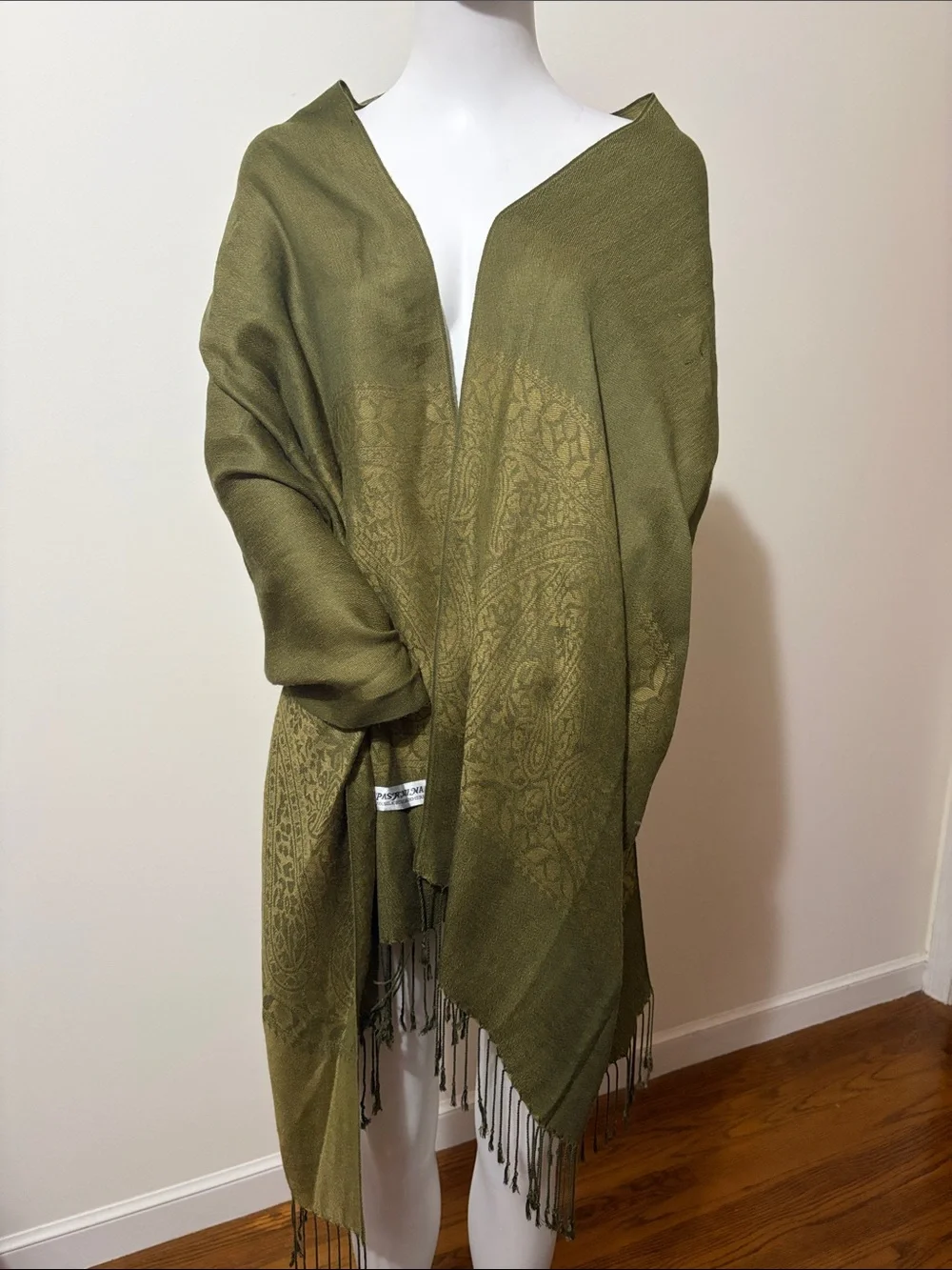 Pashmina Silk Cashmere Olive Green Paisley Fringe Shawl Wrap